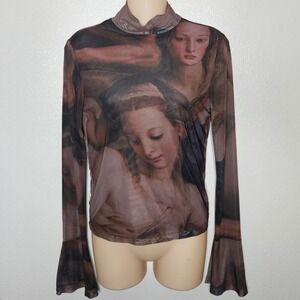 Shes So Fresh Renaissance Mesh Top Bell Sleeve Sheer Graphic